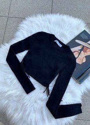 Кофта, кроп-топ на длинный рукав женский zara, зара, в рубчик, черный/базовые лосины женские, рубчик, темный беж