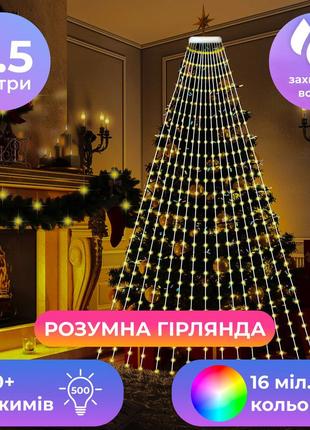 Гирлянда с кольцом на елку 2.5 метра smart 250 led управление телефоном и пульт usb белый провод