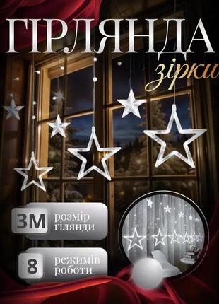 Гірлянда-штора місяць та зірки розмір 3*0,9 м 12 фігур, білий
