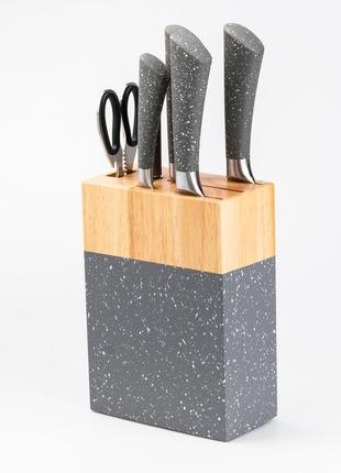 Набір кухонних ножів 5 штук ножиці мусат на підставці сірий4 фото