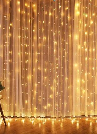 Світлодіодна гірлянда-завіса прозорий дріт 300 led magic lights ліхтарики 3 х 3 м 8 режимів теплий білий