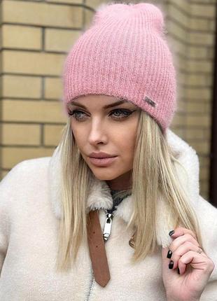 Женская ангоровая шапка без отворота розовая
