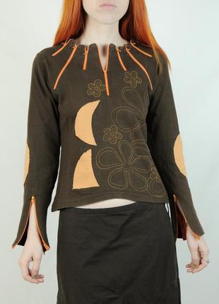 Лонгслив непал с аппликацией молнии коричневый топ кофта футболка хиппи fairycore nepal цветы клеш y2k бохо асимметричный винтаж винтажный