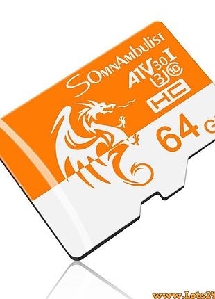 Карта памяти somnambulist micro sd xc 64gb u3 v30 a1 class 10 карточка памяти 64гб микро сд microsdxc 4k 1080p