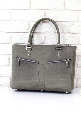 Сумка женская, кожаная деловая с подкладкой leaflet. кожа crazy horse. серая