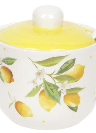 Цукорниця 350 мл кераміка соковиті лимони біла жовта з ложкою ложечкою сахарниця ємність для цукру для дому дешево