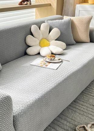 Натяжной чехол на диван и два кресла без оборки флисовый стрейч soft life dolche серый