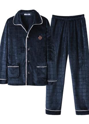 Комплект чоловічої піжами ck-219 dark blue сорочка з довгим рукавом і штанами тепла 3xl