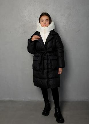 Фірмовий підлітковий чорний пуховик з поясом для дівчинки, зимове стьобане пальто з капюшоном для дівчинки