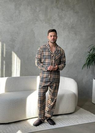 Чоловічий домашній костюм піжама беж у клітину фланель family look сорочка довгий рукав на г'удзиках та штани