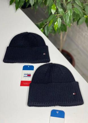 Мужская зимняя шапка tommy hilfiger на флисе шерстяная черная синяя томми теплая кашемир 5 шерсть 95