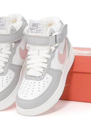Зимние женские кроссовки nike air force 1 mid grey white pink (мех) 36-37-38-38.5-39-40-41