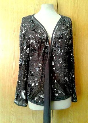 Шифоновый серый пиджак в паэтках с бисером, 3xl