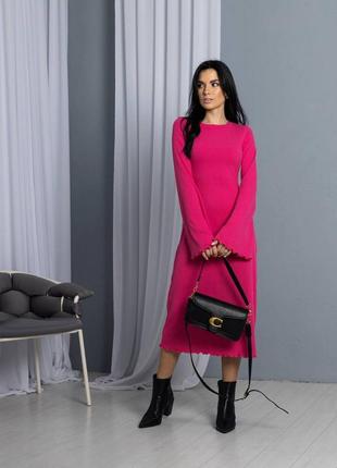 🌈3! шикарное женское платье рубчик на завязках миди розовое малина малиновое платье милое платье мыди рукава клеш клеш