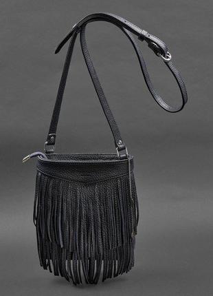 Шкіряна жіноча сумка з бахромою міні-кроссбоді fleco темно-синя
