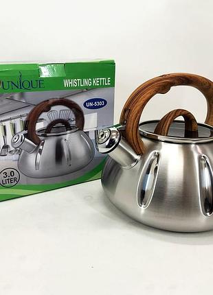 Чайник со свистком unique un-5303 кухонный на 3 литра, чайник для газовой плитки. цвет: коричневый |швидка