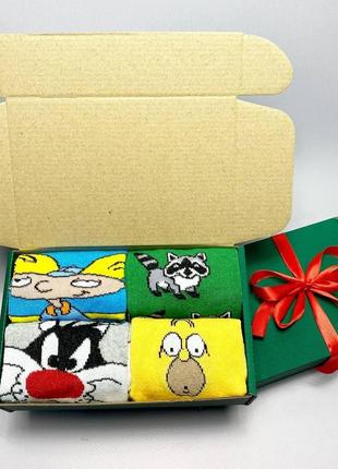 Набір жіночих мультяшних шкарпеток 36-41 4 пари у коробці та із стрічкою |швидка доставка|