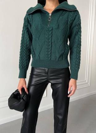 Женский арановый темно-зеленый свитер с v-образным воротником и молнией из шерсти и акрила шерстяной акриловый однотонный вязаная кофта8 фото