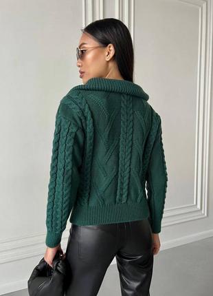 Женский арановый темно-зеленый свитер с v-образным воротником и молнией из шерсти и акрила шерстяной акриловый однотонный вязаная кофта2 фото