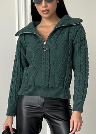 Женский арановый темно-зеленый свитер с v-образным воротником и молнией из шерсти и акрила шерстяной акриловый однотонный вязаная кофта