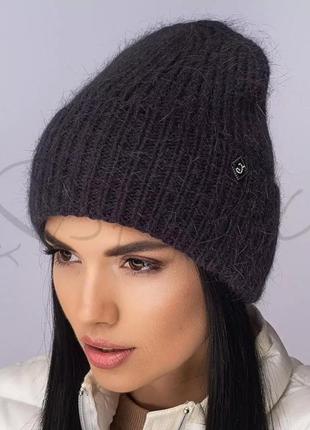 Шапка ангорова жіноча з відворотом утеплена флісом подовжена leks роскошь антрацит