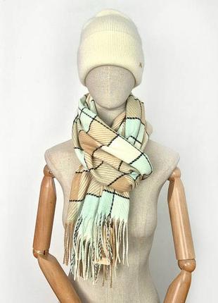 Шарф женский теплый в клетку бежевый мятный