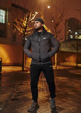 Комплект мужской tnf: куртка tnf черно-серая + штаны мужские из трехнитки утепленные tnf черные