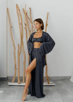 Домашній костюм трійка халат топ і штани з розрізами