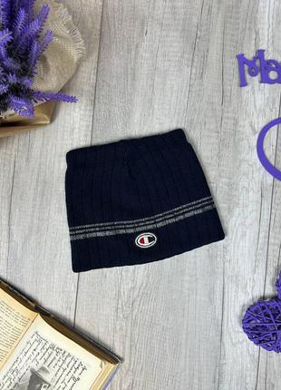 Шапка для хлопчика в'язана демісезонна подвійна синя розмір 56-57