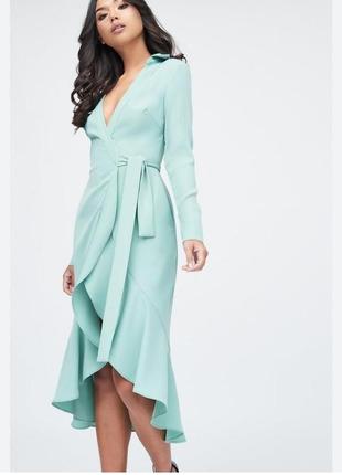 Шикарное мятное платье на запах 46 размер