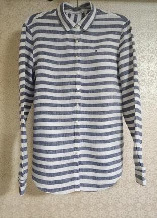Tommy hilfiger актуальная льняная лен женская рубашка-рубашка блуза полоска полоска бренд tommy hilfiger