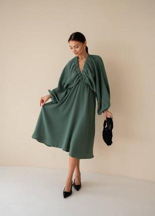 Жіноча якісна літня легка повітря зелена сукня міді муслін5 фото