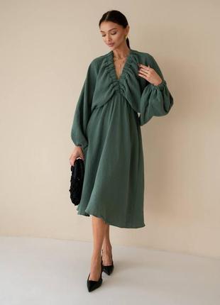 Жіноча якісна літня легка повітря зелена сукня міді муслін7 фото