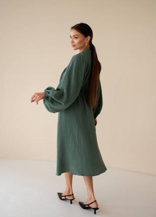 Жіноча якісна літня легка повітря зелена сукня міді муслін3 фото