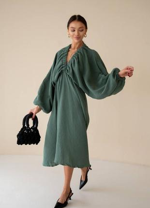 Жіноча якісна літня легка повітря зелена сукня міді муслін8 фото