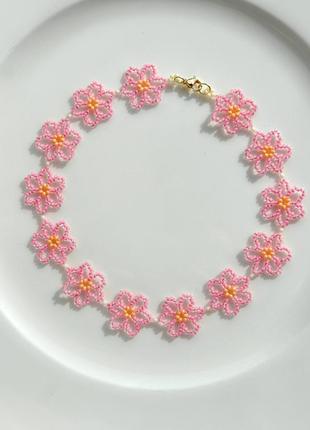 Чокер ромашки из бисера, нежный чекер цветочный розовый, ожерелье бохо этно летнее, колье цветочки