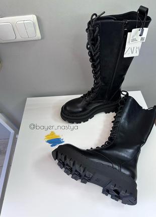 Черные высокие ботинки на шнуровке zara берцы сапоги зара 3005/2102 фото