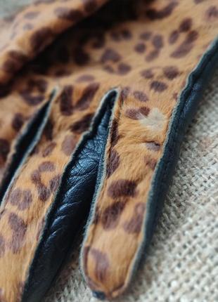 Винтаж кожаные перчатки с мехом леопарда