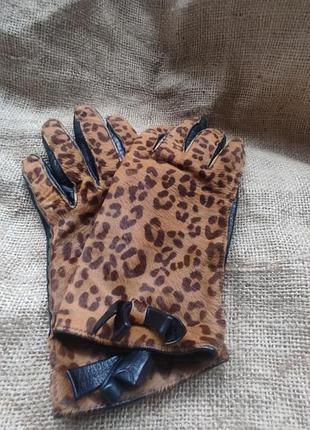 Винтаж кожаные перчатки с мехом леопарда
