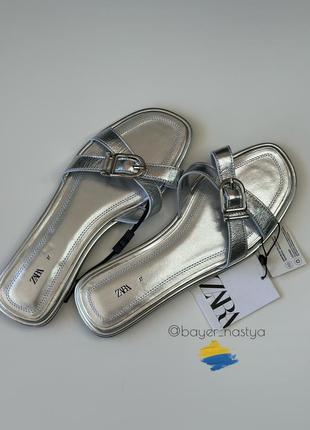 Сріблясті шльопанці zara 1624/110 шкіряні шльопа босоніжки сандалі