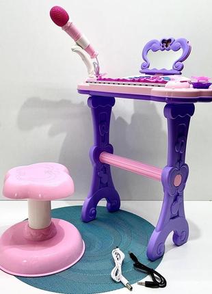 Піаніно синтезатор музичний зі стільчиком 25 клавіш з mp3 мікрофоном та регулятором гучності рожевий (j92-01)