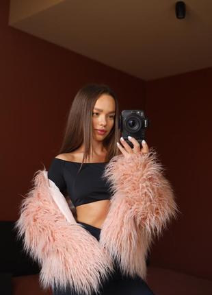 Коротка еко шуба , пухнаста шуба з лами, ніжний колір пудра, розмір s. m. l . xl, xxl