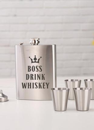 Набор фляга с рюмками "boss drink whiskey", английский, крафтовая коробка