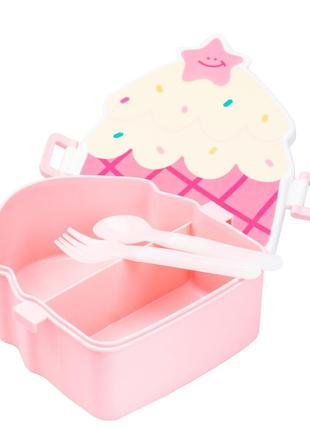 Ланч-бокс детский со столовыми приборами cake 20*18*8 см, розовый