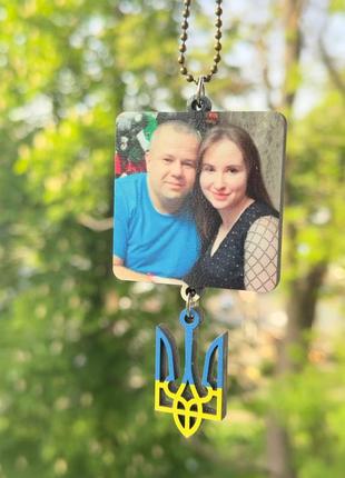 Підвіска квадрат в авто на дзеркало з фото+герб двостороння