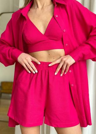 Рожевий малиновий жіночий літній костюм шорти сорочка топ вільного крою жіночий прогулянковий повсякденний костюм шорти сорочка топ