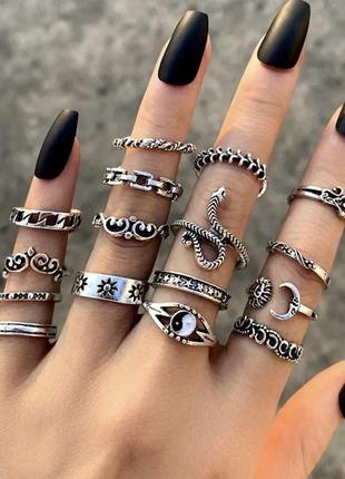 Набор 16 колец колечек много штук на фалангу цепь звенья инь янь змея луна солнце тонкое с узором вензеля в стиле винтаж типа винтажные серебристые