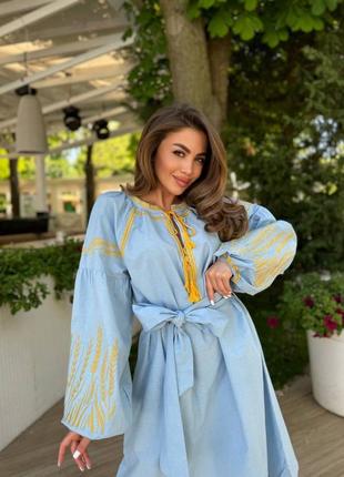 Вишита сукня міді 💕 блакитна сукня вишиванка 💕 жіноча вишита сукня 💕 біла сукня з колосками 💕 вишите плаття за коліно 💕 сукня з довгим рукавом 💕