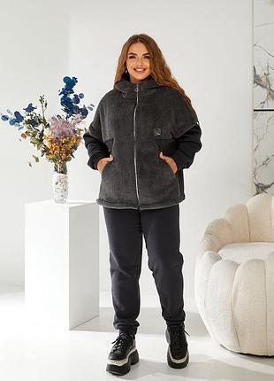 Жіночий костюм темно-сірий графіт з тринитки з начесом та махри тедді махровий теплий кофта пряма з кишенями з капюшоном на блискавці та штани джогери