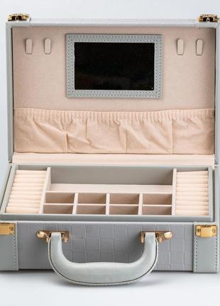 Шкатулка органайзер для украшений бижутерии прямоугольная 27 х 18.5 х 9 с зеркальцем чемодан из экокожи серая4 фото